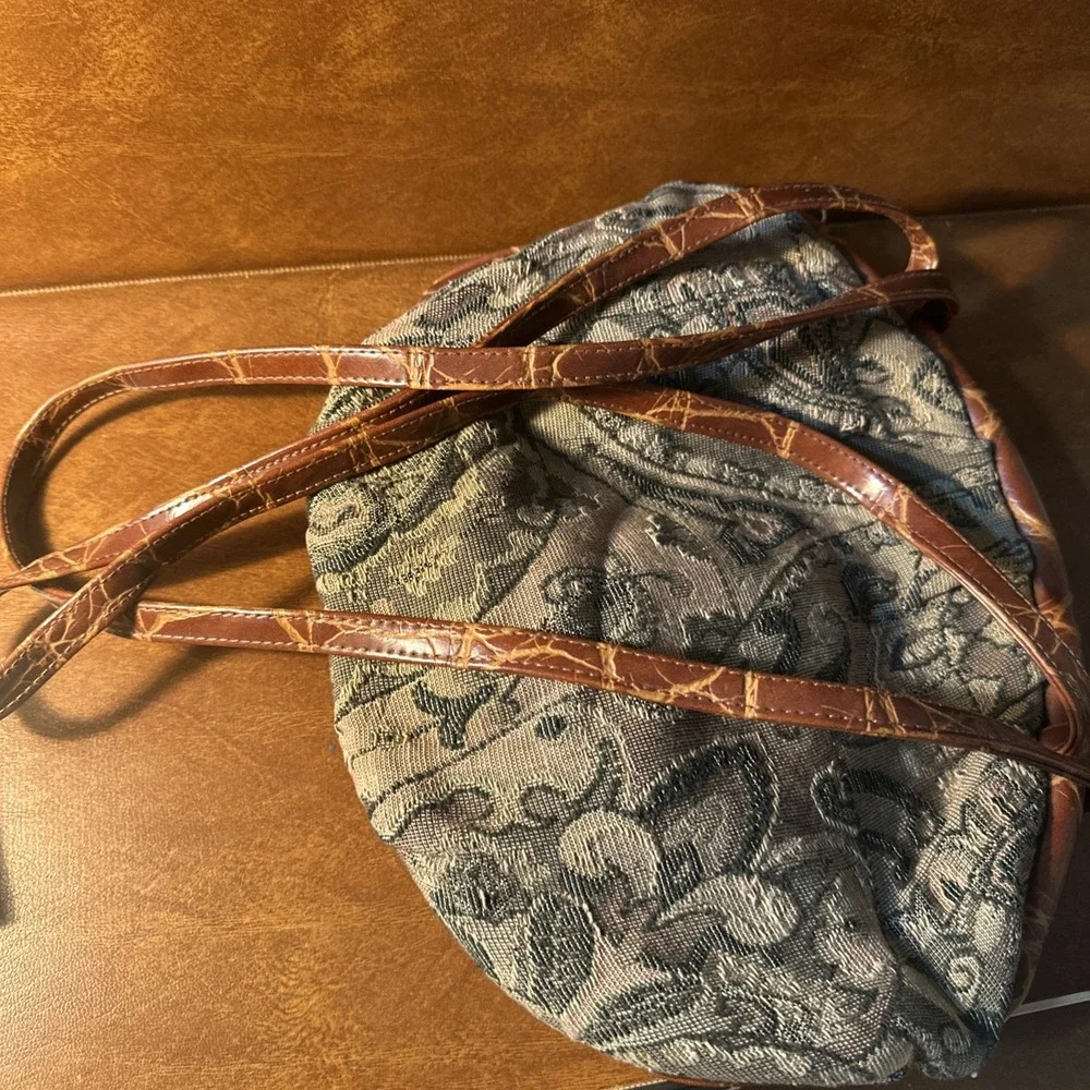 Vintage Brown Floral Tapestry Shoulder Bag Brown Leather Trim